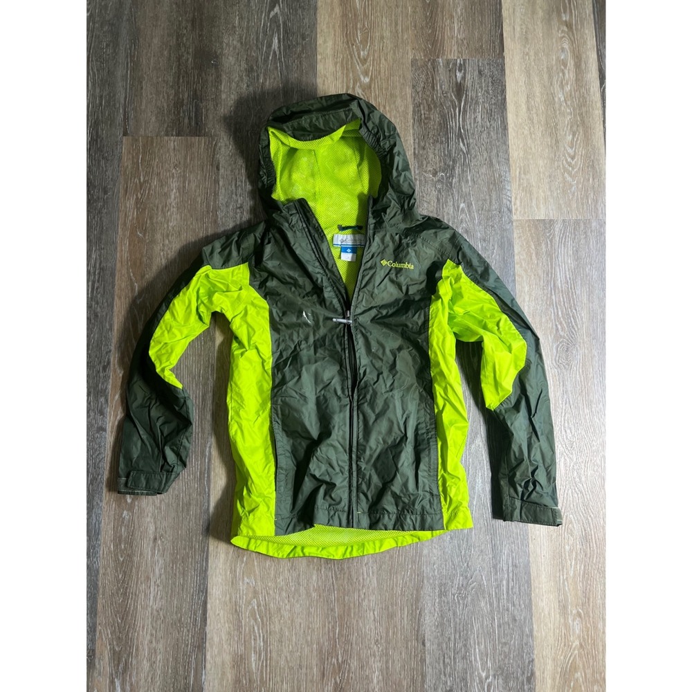Columbia Windbreaker Kids M 10/12 Green Neon Fair‎ Hooded Mesh Lined Jacket